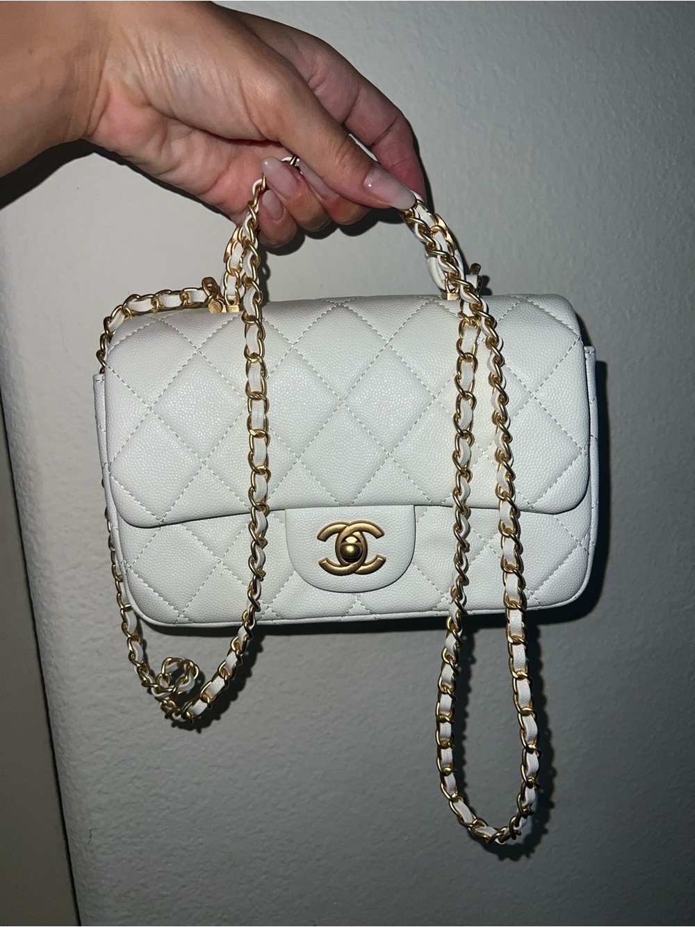 White Quilted Mini Flap Bag with Gold Chain & Top Handle